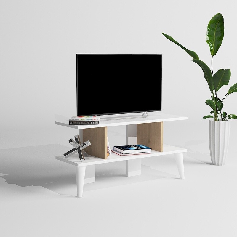 P&amp;W Modern Wooden White TV Stand Entertainment Unit with storage shelves for extra plenty of storage space