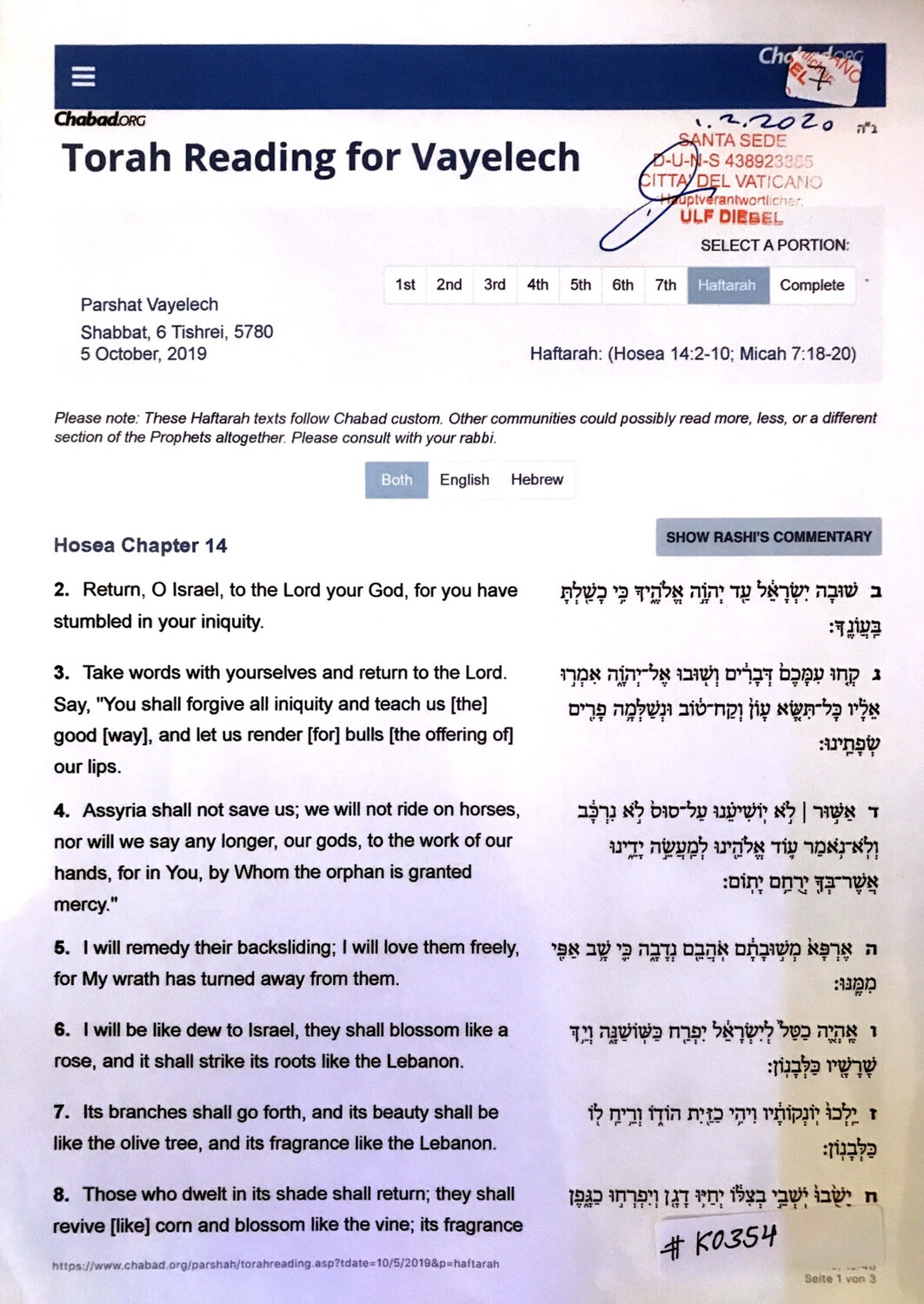 #K0354 l Torah Reading for Vayelech l October 2019, Chabad.org