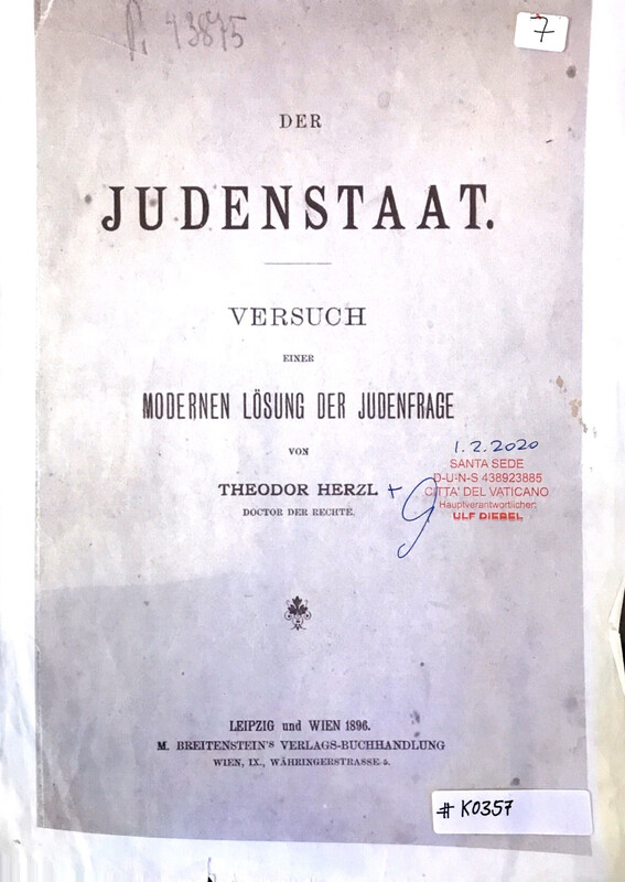 #K0357 l Der Judenstaat - Versuch einer modernen Lösung der Judenfrage Von Theodor Herzl 