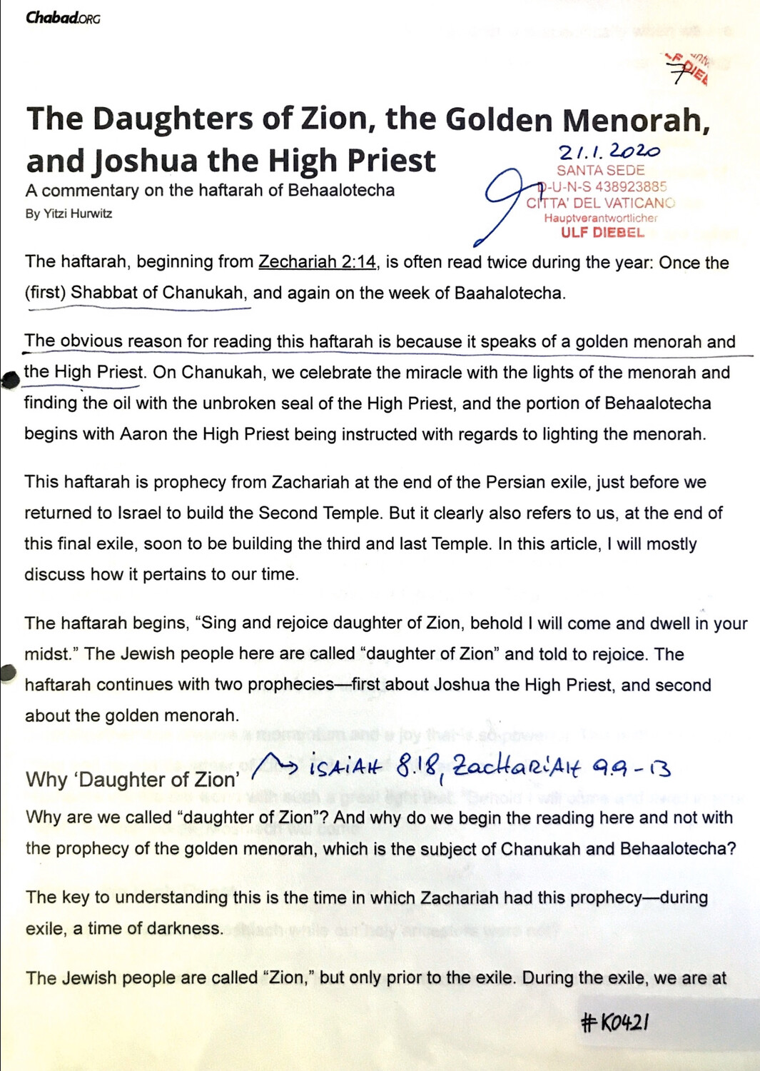 #K0421 l The Daughters of Zion, the Golden Menorah, and Joshua the High Priest, Chabad.org l Santa Sede - Hauptverantwortlicher Ulf Diebel 