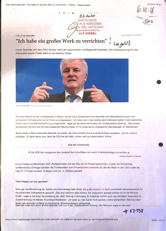 #K0158 l “Ich habe ein großes Werk zu verrichten” - CSU-Chef Seehofer l Santa Sede - Hauptverantwortlicher Ulf Diebel