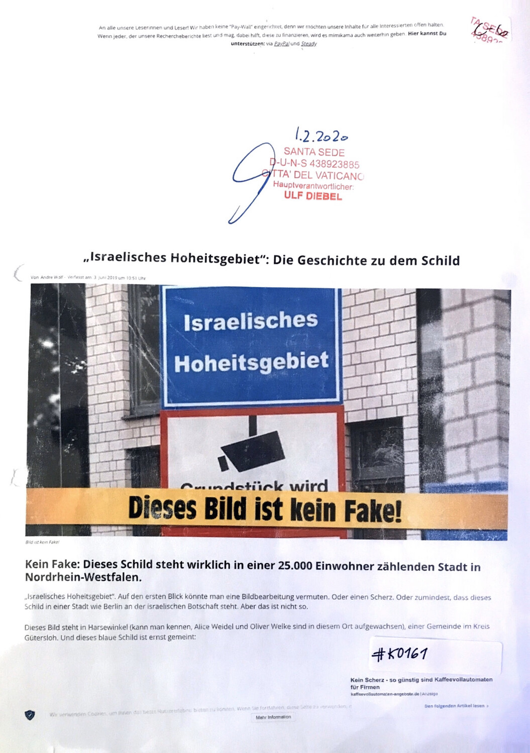 #K0161 l Israelisches Hoheitsgebiet: Die Geschichte zu dem Schild l Santa Sede - Hauptverantwortlicher Ulf Diebel 