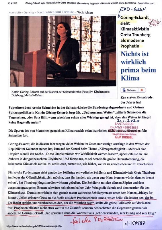 #K0187 l Göring-Eckardt sieht Klimaaktivistin Greta Thunberg als moderne Prophetin 