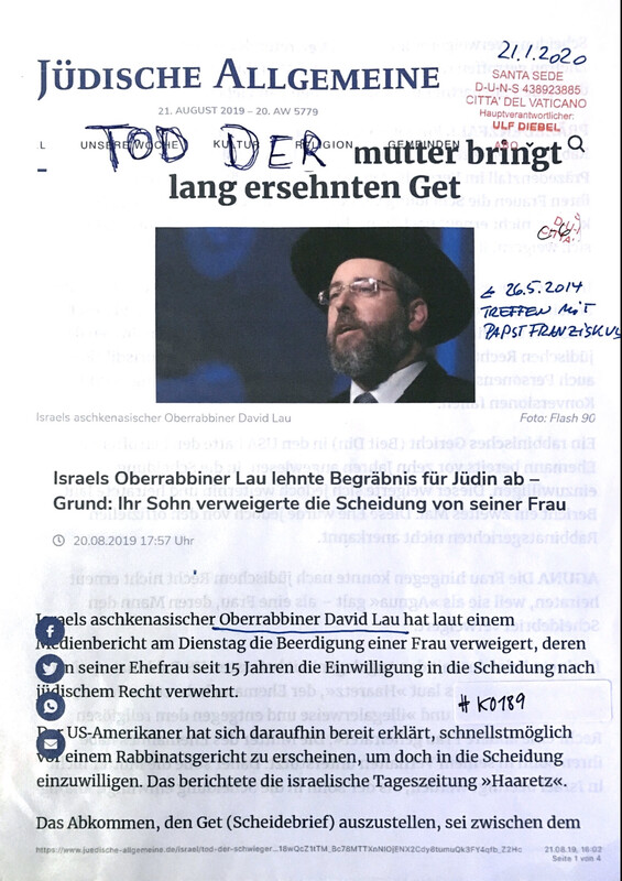 #K0189 l Jüdische Allgemeine - Israels Oberrabbiner Lau lehnte Begräbnis für Jüdin ab - Grund: Ihr Sohn verweigerte die Scheidung von seiner Frau 
