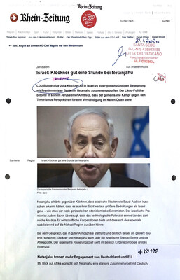 #K0190 l Rhein-Zeitung l Jerusalem - Israel: Klöckner gut eine Stunde bei Netanjahu 
