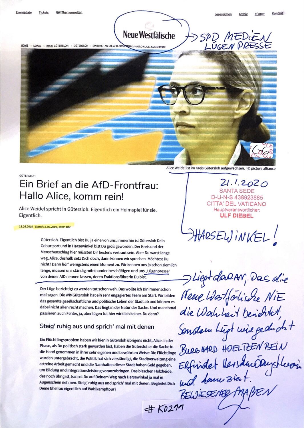 #K0211 l Gütersloh - Ein Brief an die AfD-Frontfrau: Hallo Alice, komm rein!