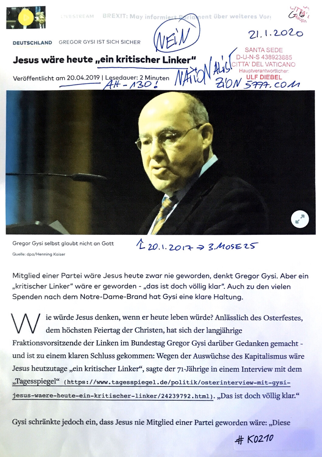 #K0210 l Deutschland - Gregor Gysi ist sich sicher l Jesus wäre heute “ein kritischer Linker”