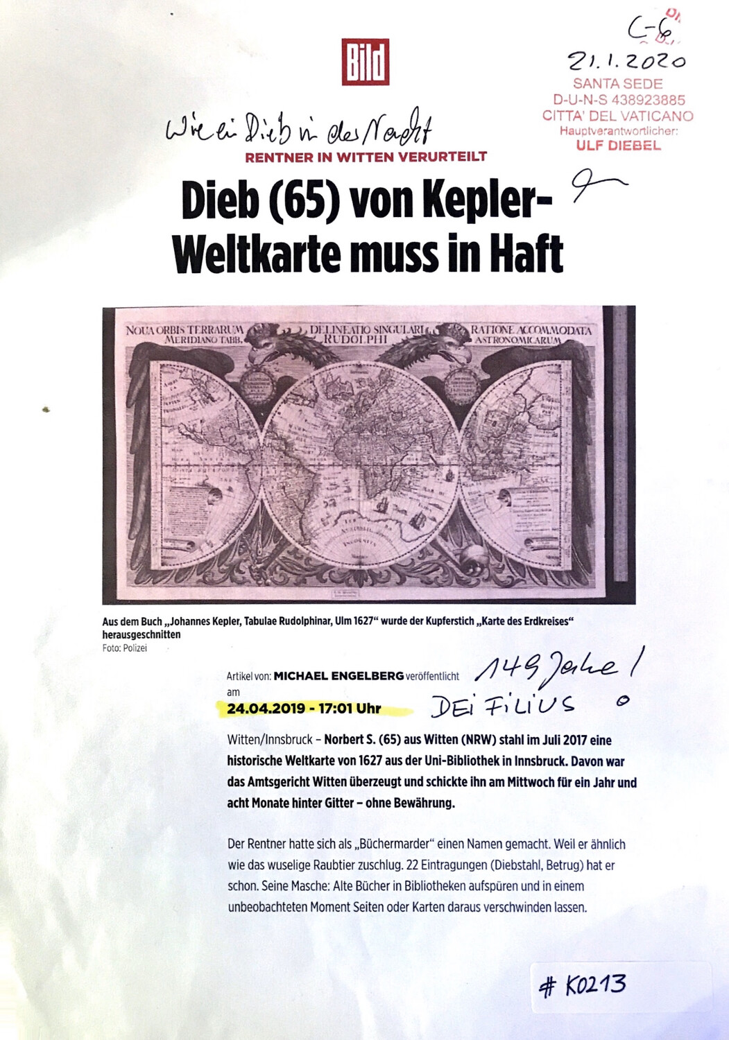 #K0213 l Bild - Rentner in Witten verurteilt l Dieb (65) von Kepler-Weltkarte muss in Haft