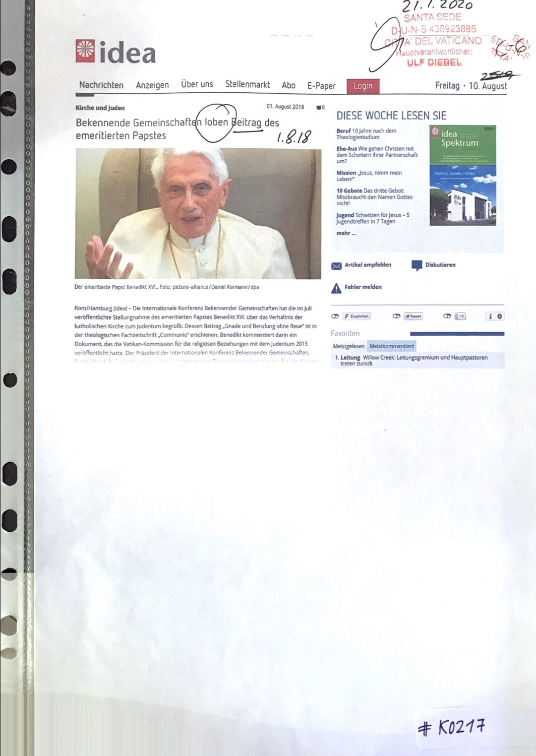#K0217 l idea - Kirche und Juden l Bekennende Gemeinschaften loben Beitrag des emeritierten Papstes