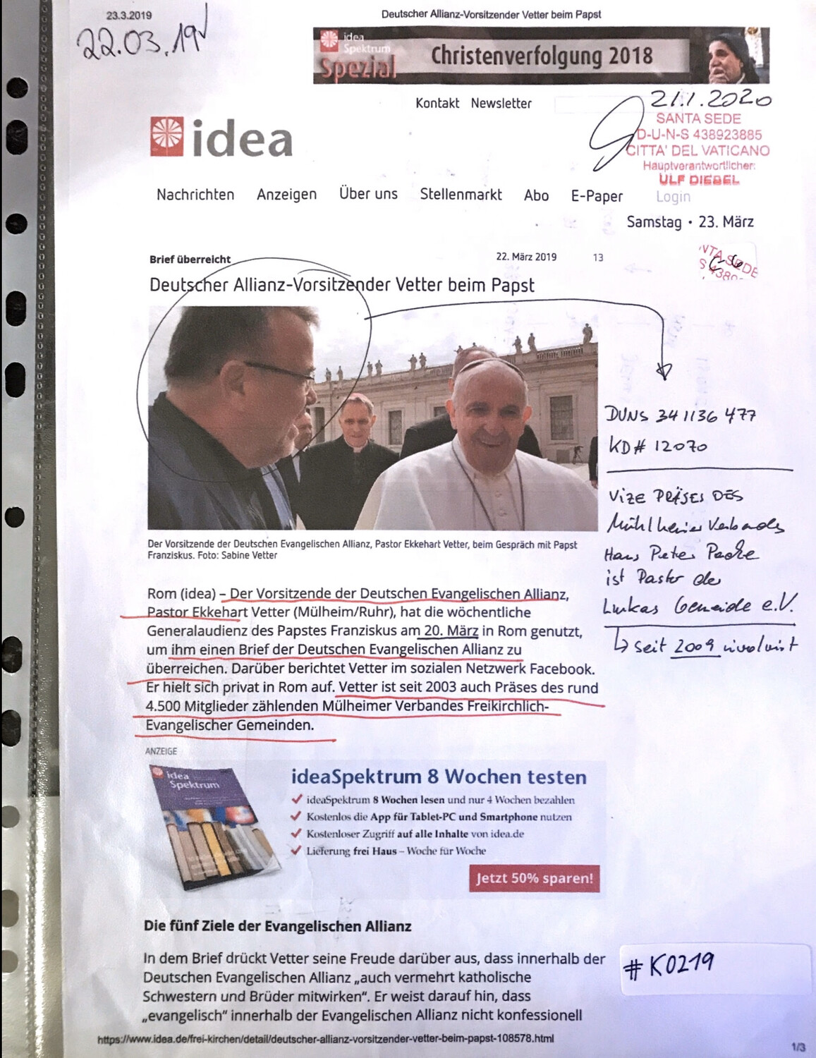 #K0219 - idea l Deutscher Allianz-Vorsitzender Vetter beim Papst 
