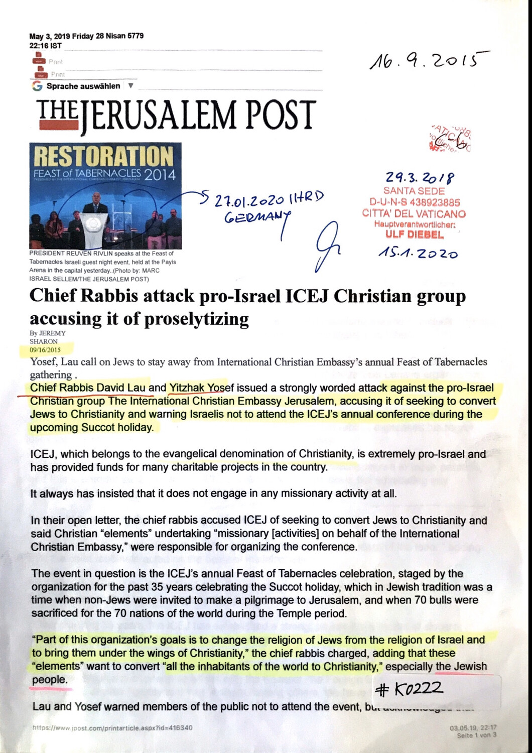 #K0222 l The Jerusalem Post - Chief Rabbis attack pro-Israel ICEJ Christian group accusing it of proselytizing