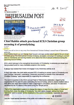 #K0222 l The Jerusalem Post - Chief Rabbis attack pro-Israel ICEJ Christian group accusing it of proselytizing