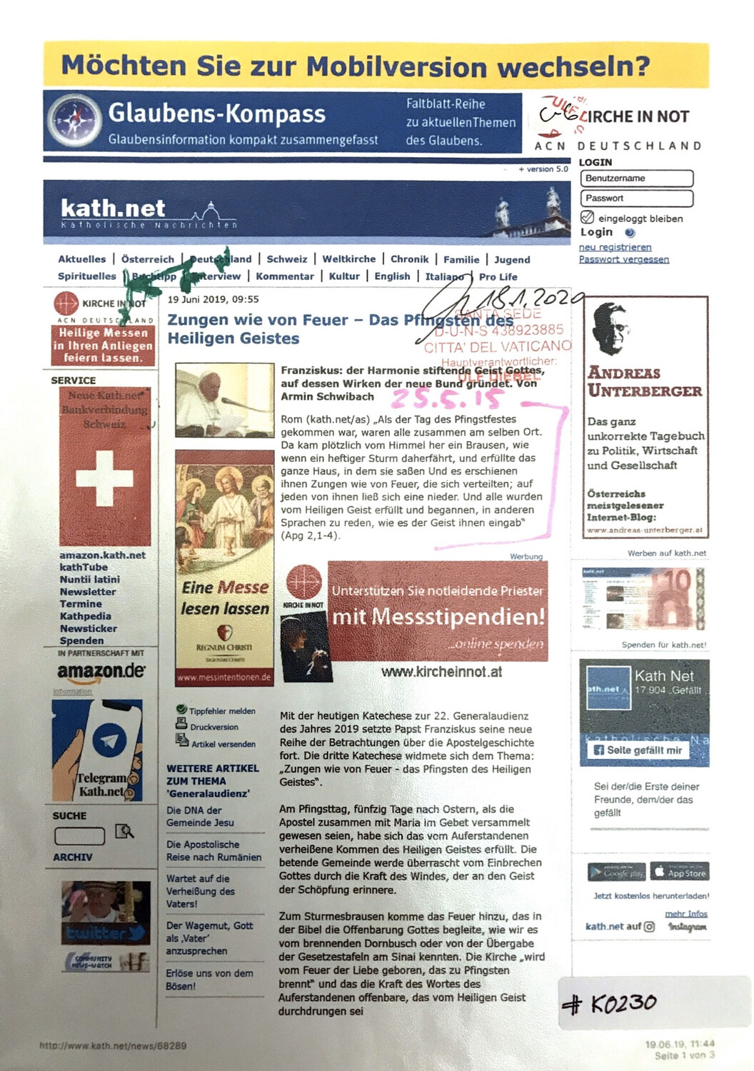 #K0230 l kath.net - Zungen wie von Feuer - Das Pfingsten des Heiligen Geistes 