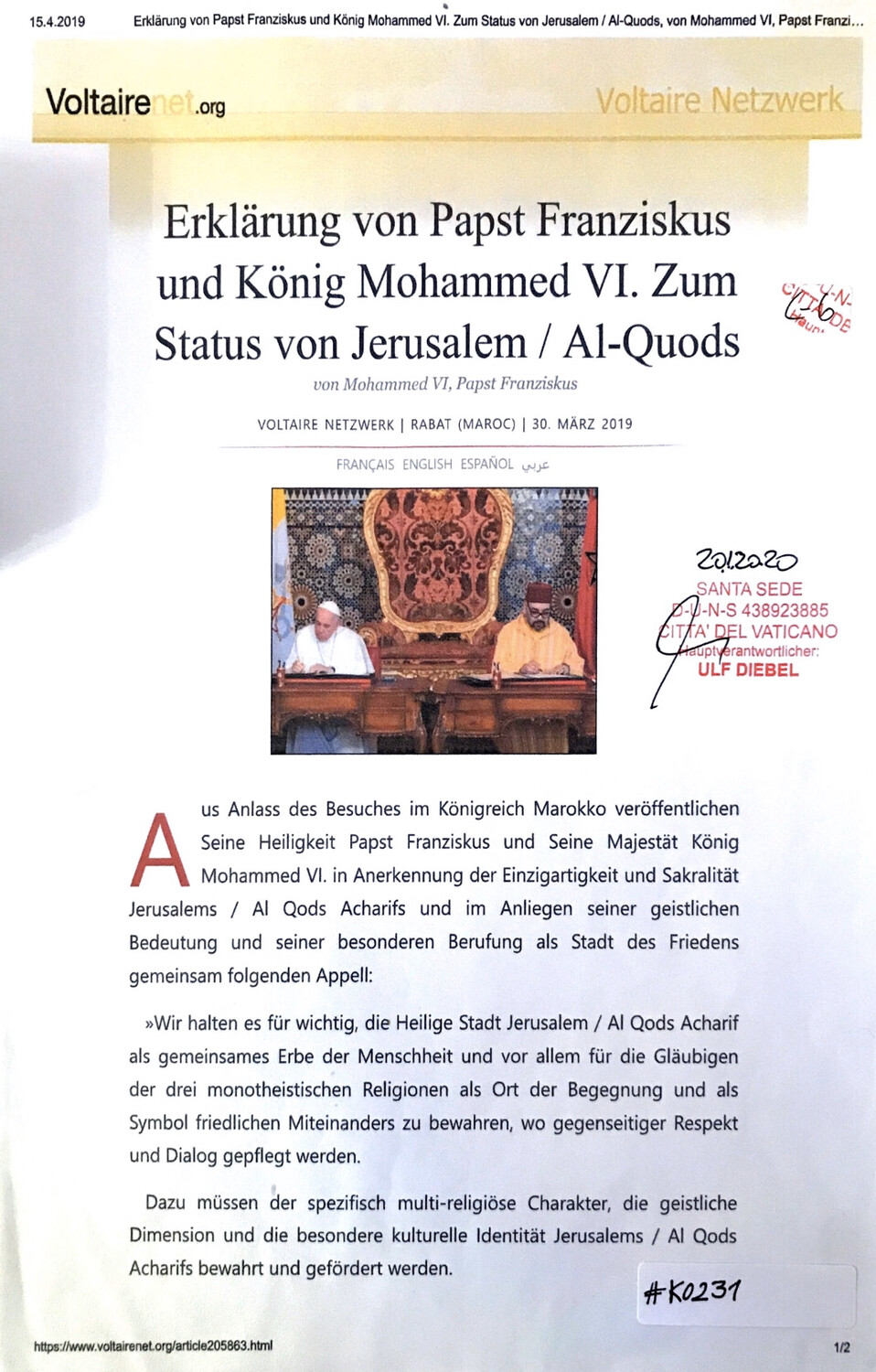#K0231 l Erklärung von Papst Franziskus und König Mohammed VI. Zum Status von Jerusalem / Al-Quods