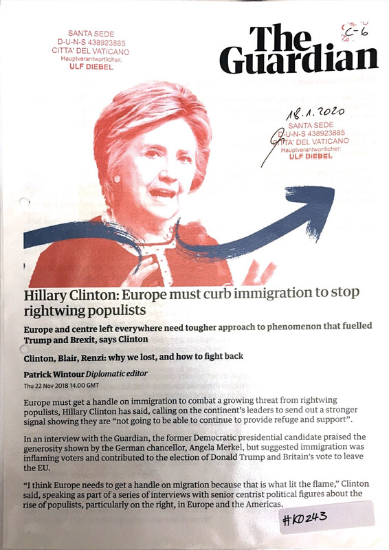 #K0243 - The Guardian - Hillary Clinton: Europe must curb immigration to stop rightwing populists
