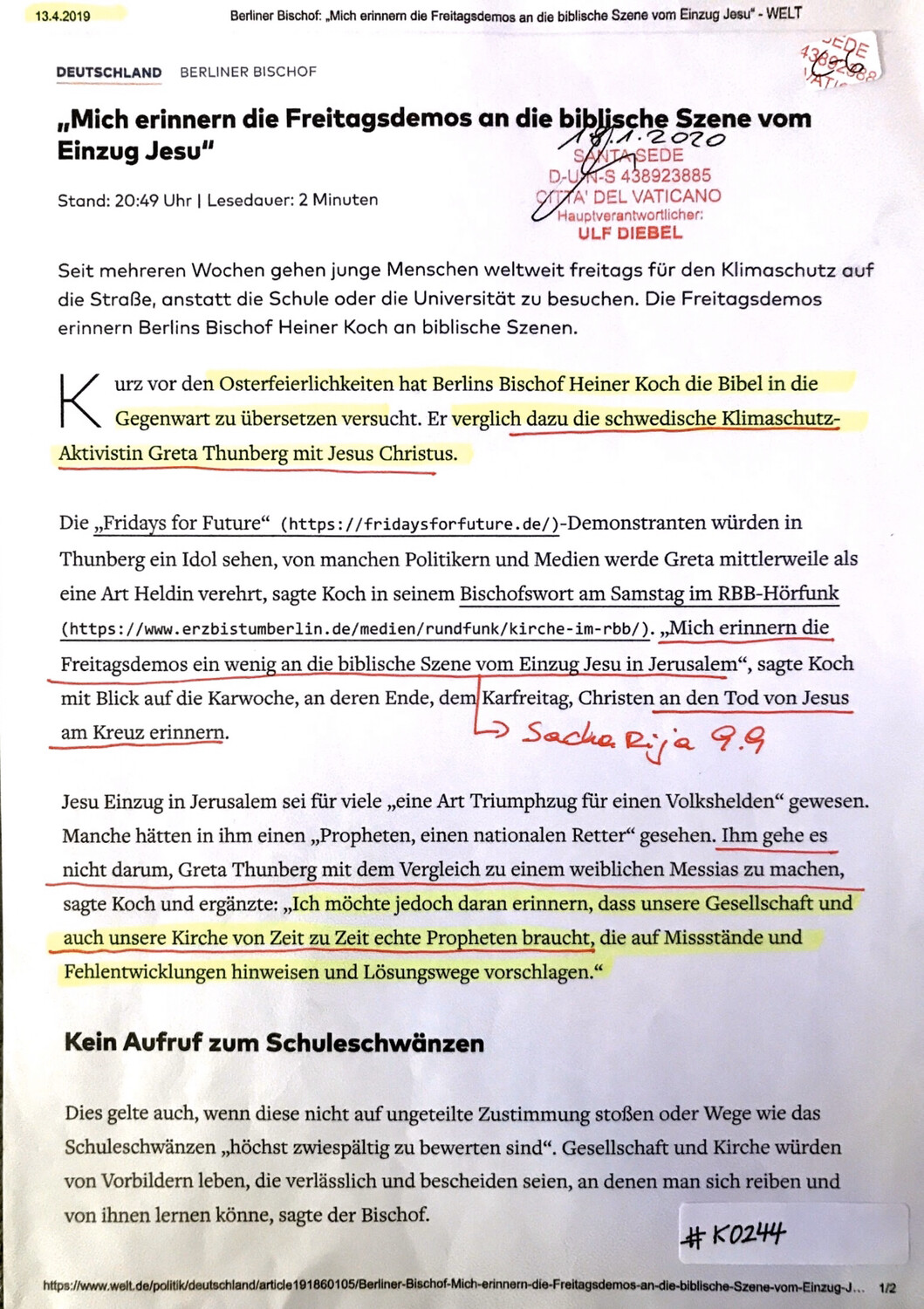 K0244 l Welt - “Mich erinnern die Freitagsdemo an die biblische Szene vom Einzug Jesu”