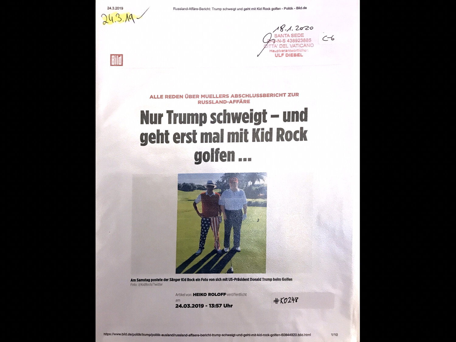 #K0248 l Bild - Alle reden über Muellers Abschlussbericht zur Russland-Affäre l Nur Trump schweigt - und geht erst mal mit Kid Rock golfen ...