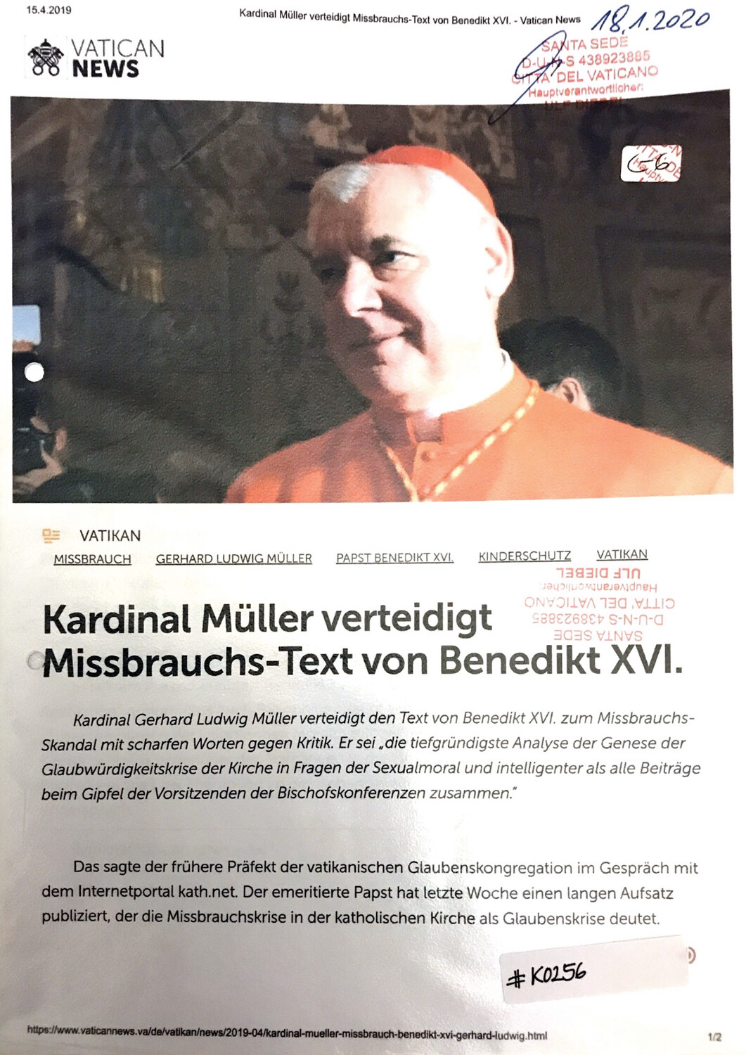 #K0256 l Vatican News - Kardinal Müller verteidigt Missbrauchs-Text von Benedikt XVI.