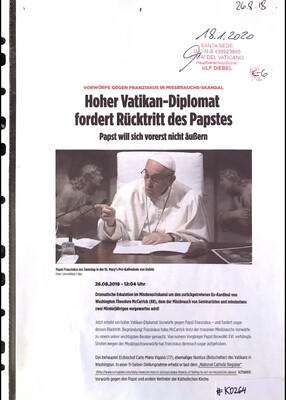 #K0264 l Bild - Hoher Vatikan-Diplomat fordert Rücktritt des Papstes - Papst will sich vorerst nicht äußern 