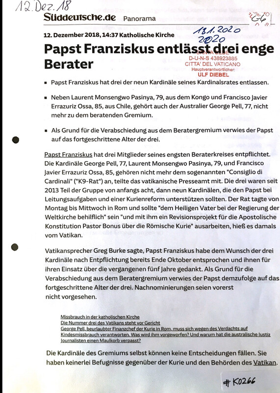 #K0266 l Süddeutsche.de - Papst Franziskus entlässt drei enge Berater 