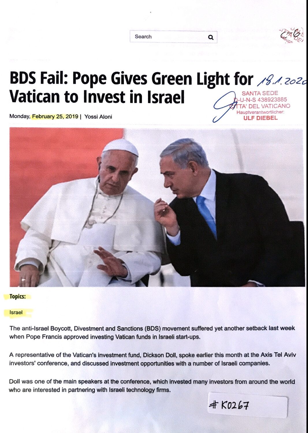 #K0267 l BDS Fail: Pope Gives Green Light for Vatican to Invest in Israel 