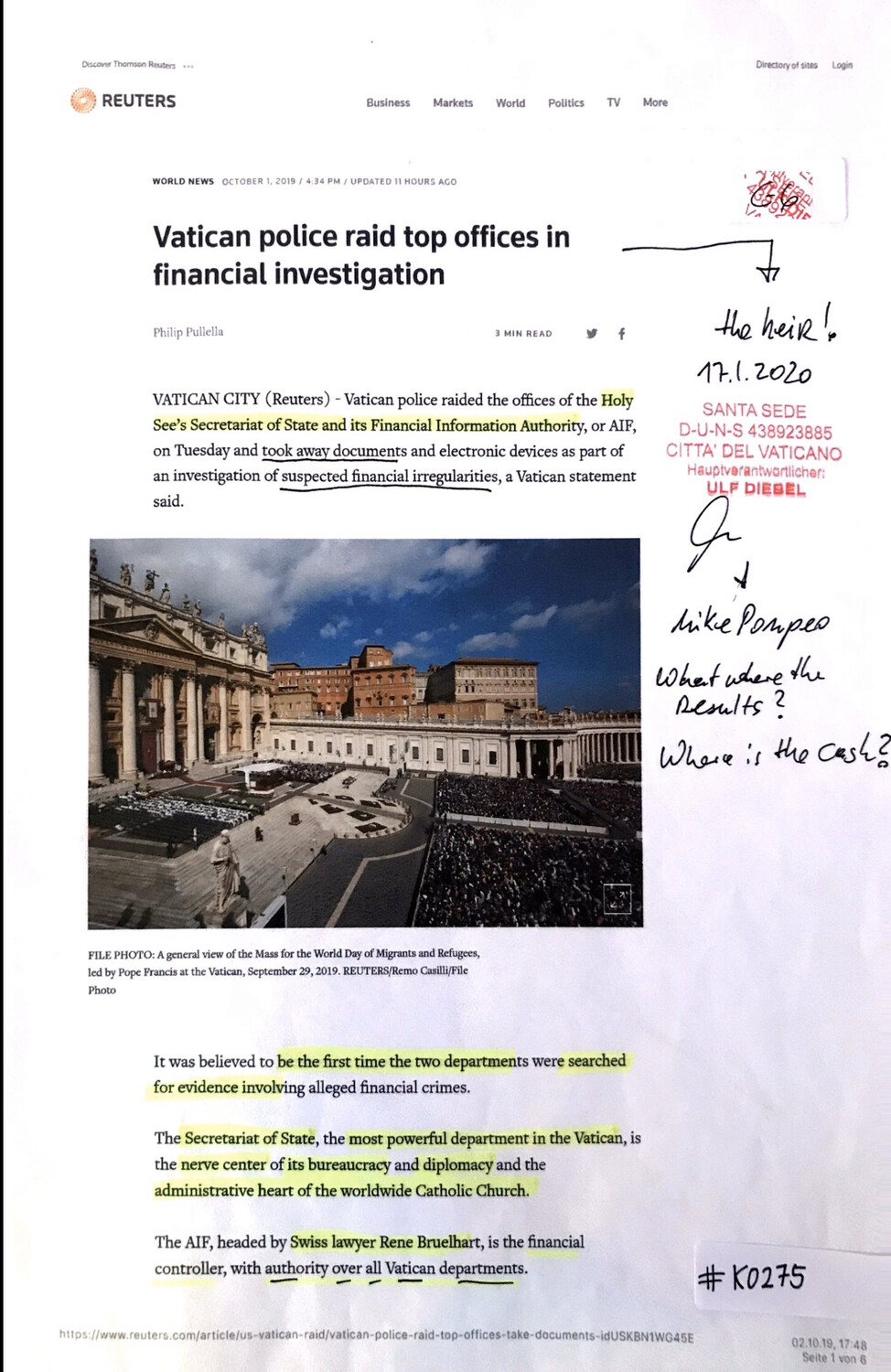 #K0275 l Reuters - Vatican police raid top offices in financial investigation
