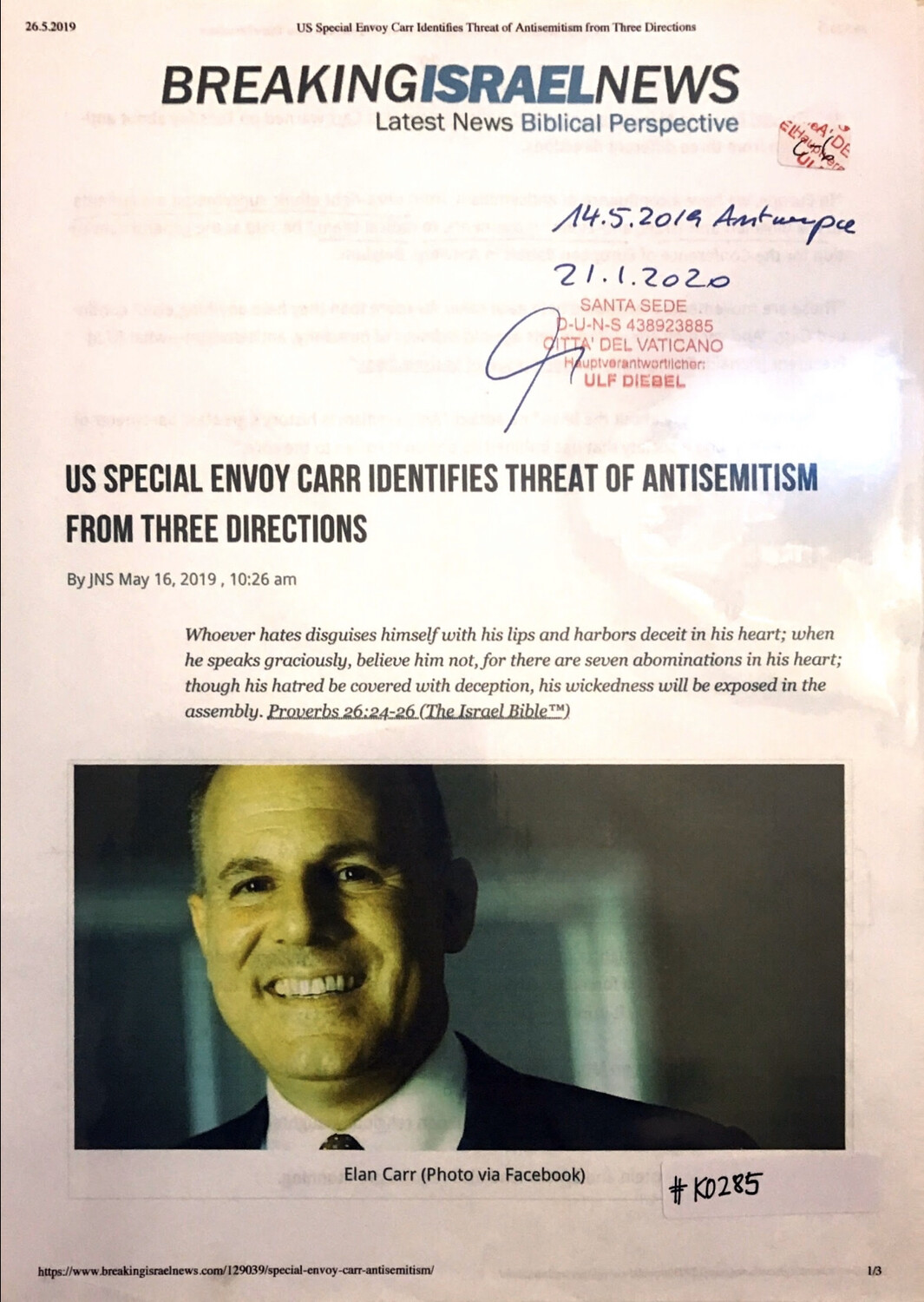 #K0285 l Breaking Israel News - US Special Envoy Elan Carr identifies threat of antisemitism from three directions