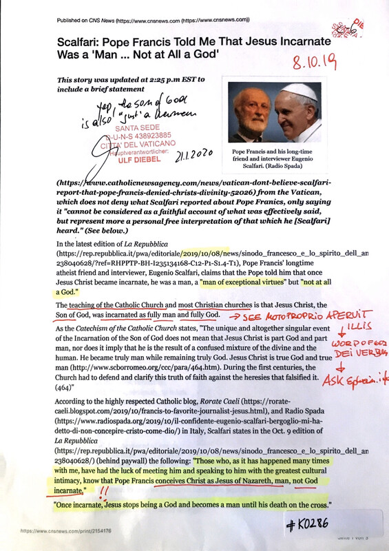 #K0286 l CNS News - Scalfari: Pope Francis Told Me That Jesus Incarnate Was A ‘Man ... Not at All a God’