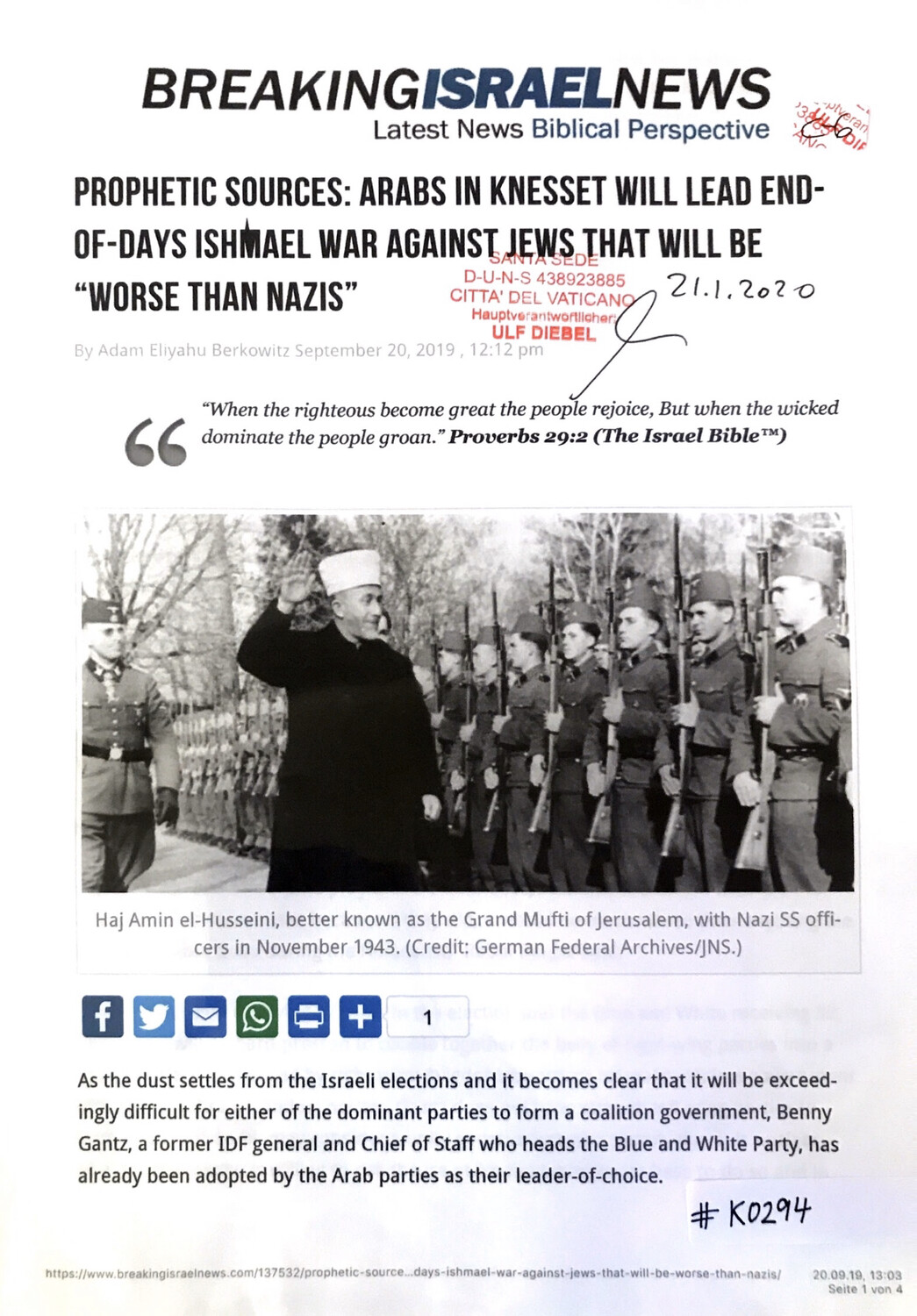 #K0294 l Breaking Israel News - Prophetic sources: Arabs in Knesset will lead End-of-Days Ishmael War against Jews that will be “Worse than Nazis”