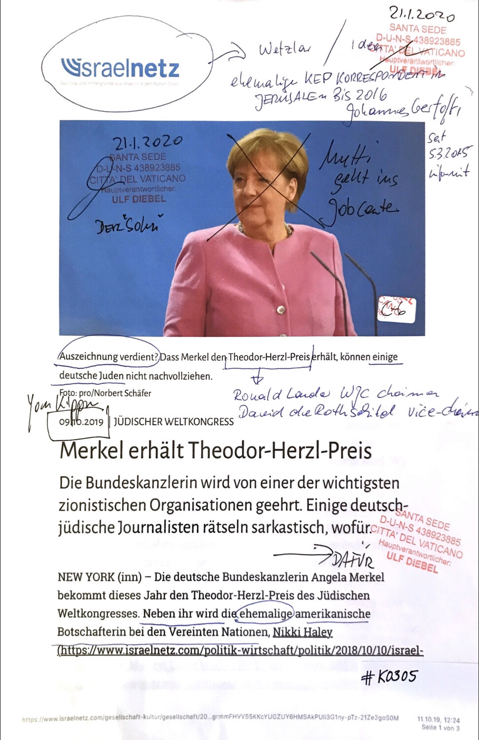 #K0305 l israelnetz - Jüdischer Weltkongress l Merkel erhält Theodor-Herzl Preis 