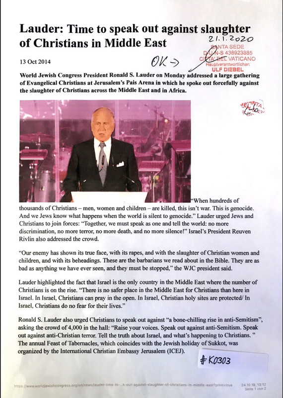 #K0303 l Lauder: Time to speak out against slaughter of Christians in Middle East