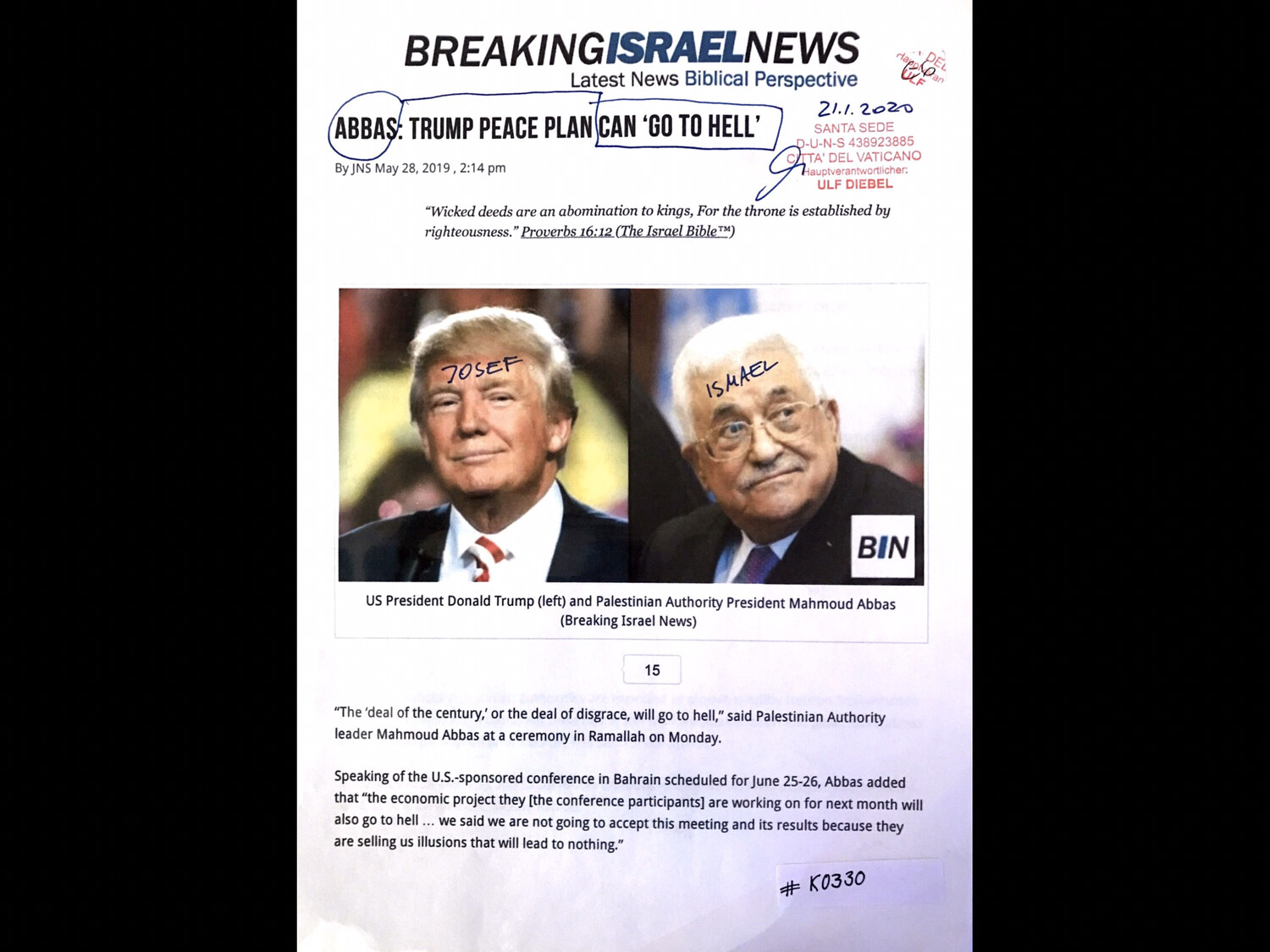 #K0330 l Breaking Israel News - Abbas: Trump Peace Plan can ‘go to hell’