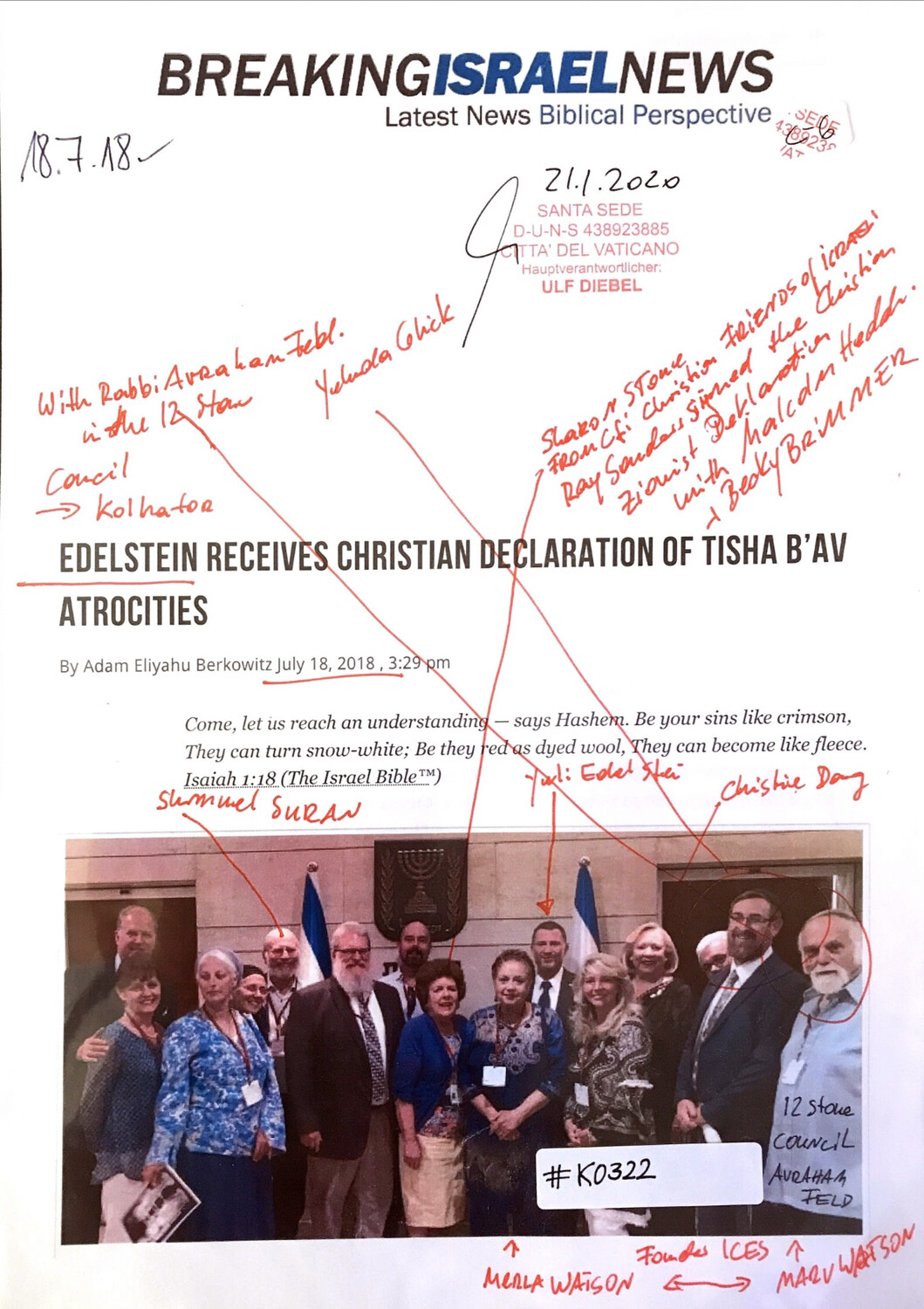 #K0322 l Breaking Israel News - Edelstein receives Christian Declaration of Tisha B’Av Atrocities
