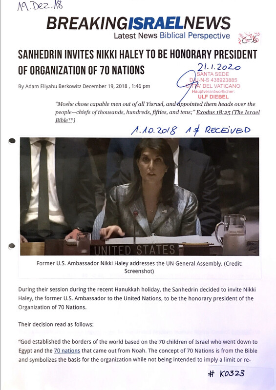 #K0323 l Breaking Israel News - Sanhedrin invites Nikki Haley to be honorary President of organization of 70 nations 