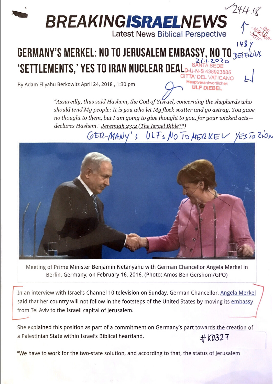 #K0327 l Breaking Israel News - Germany’s Merkel: No to Jerusalem Embassy, no to ‘Settlements,’Yes to Iran Nuclear Deal