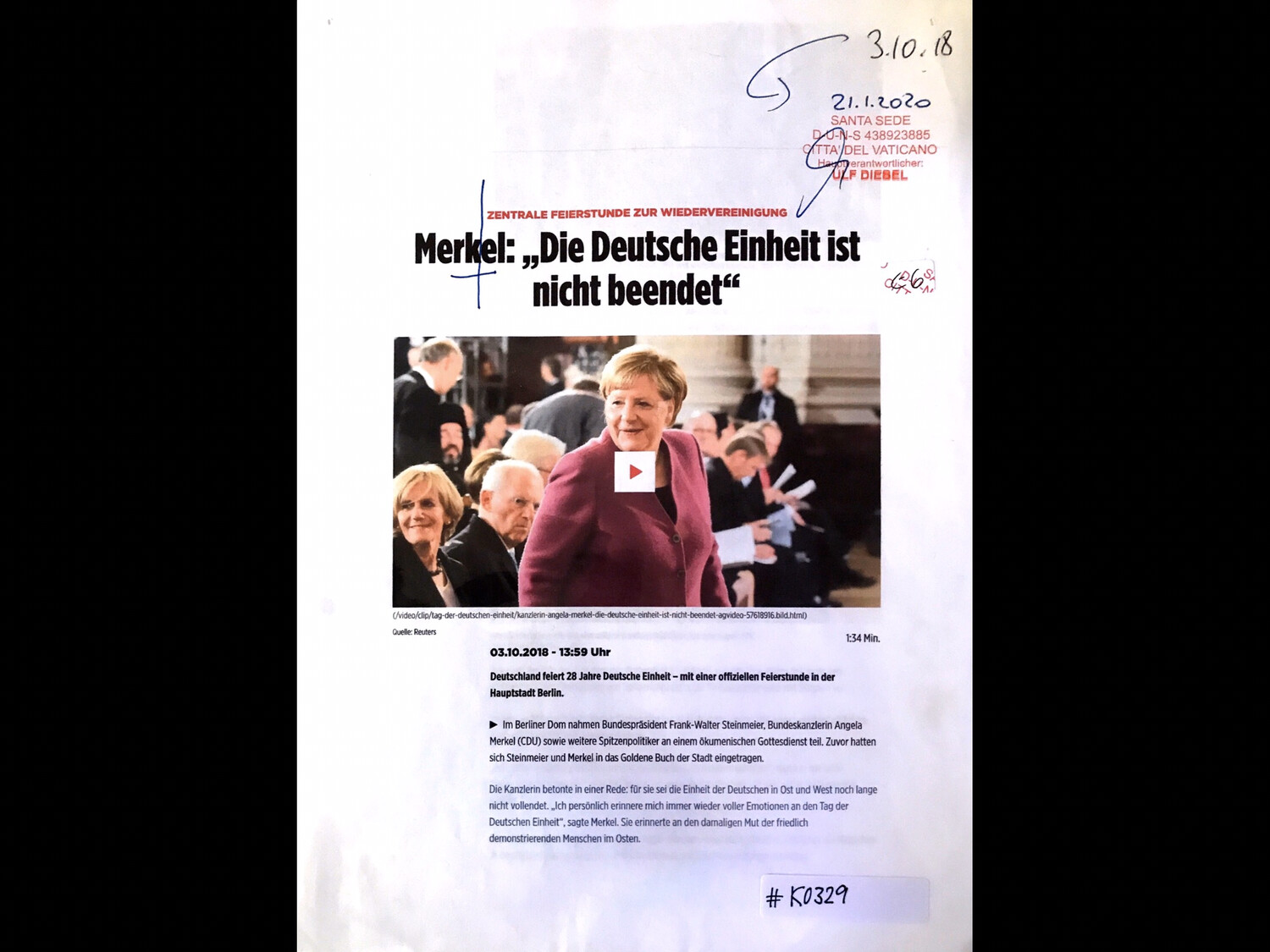 #K0329 l Reuters: Merkel: “Die Deutsche Einheit ist nicht beendet”