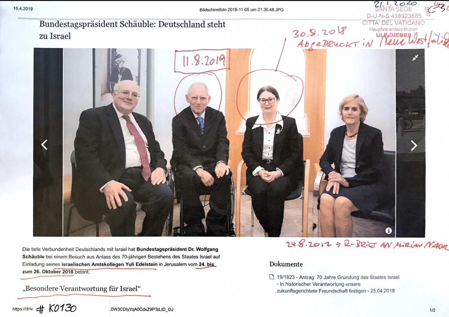 #K0130 l “Besondere Verantwortung für Israel” l 70 Jahre Israel l Bundestagspräsident Dr. Wolfgang Schäuble: Deutschland steht zu Israel - Einladung von Yuli Edelstein 