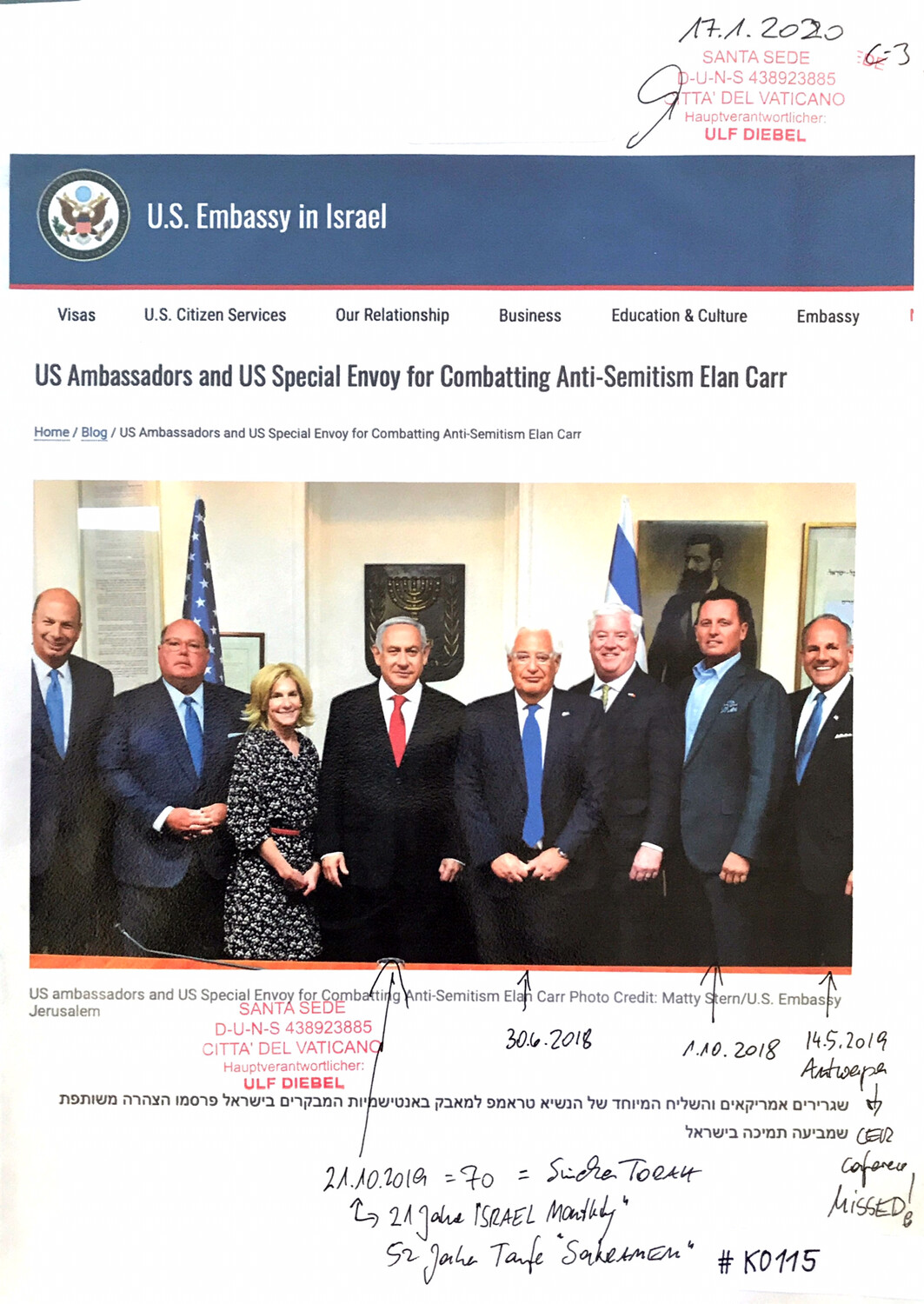 #K0115 l U.S. Embassy in Israel l US Ambassadors and US Special Envoy for Combatting Anti-Semitism Elan Carr