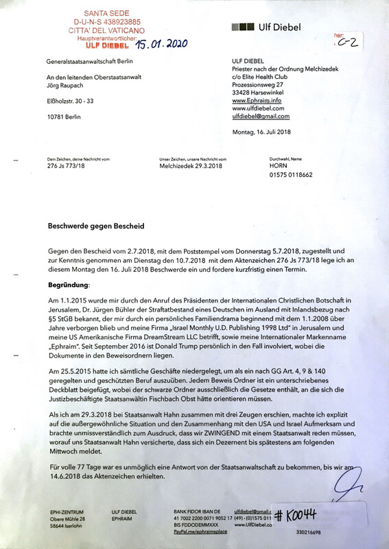 #K0044 l Beschwerde gegen Bescheid l Generalstaatsanwaltschaft Berlin - An den leitenden Oberstaatsanwalt Jörg Raupach