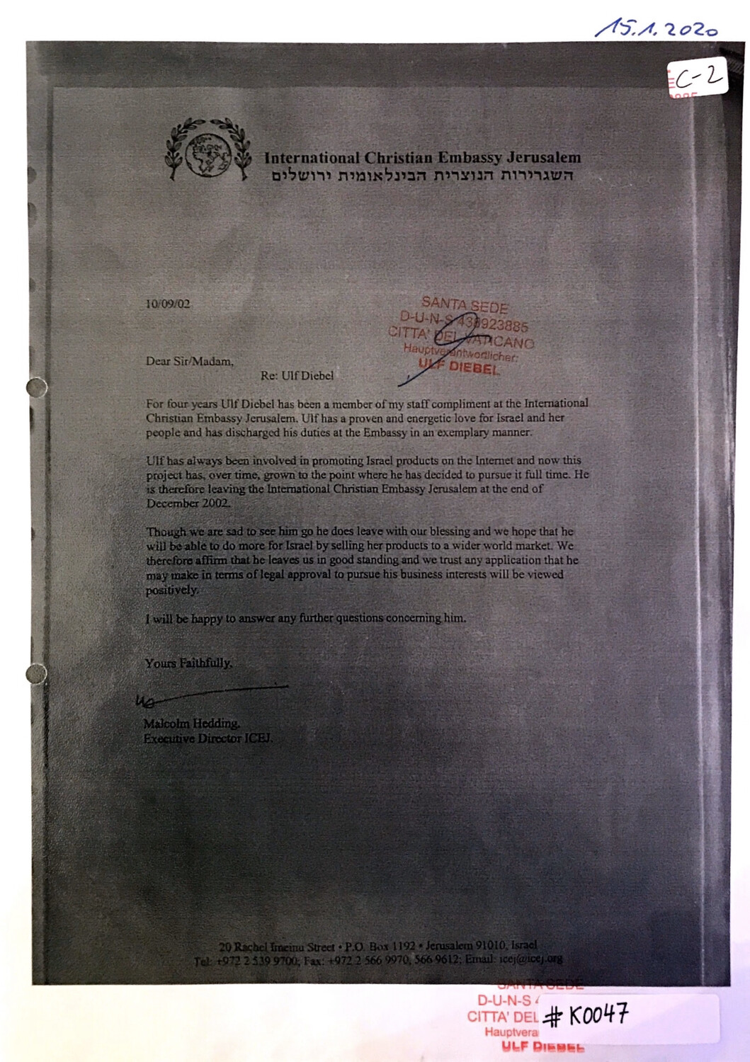 #K0047 l References from the International Christian Embassy Jerusalem, written by Malcom Hedding, Executive Director ICEJ