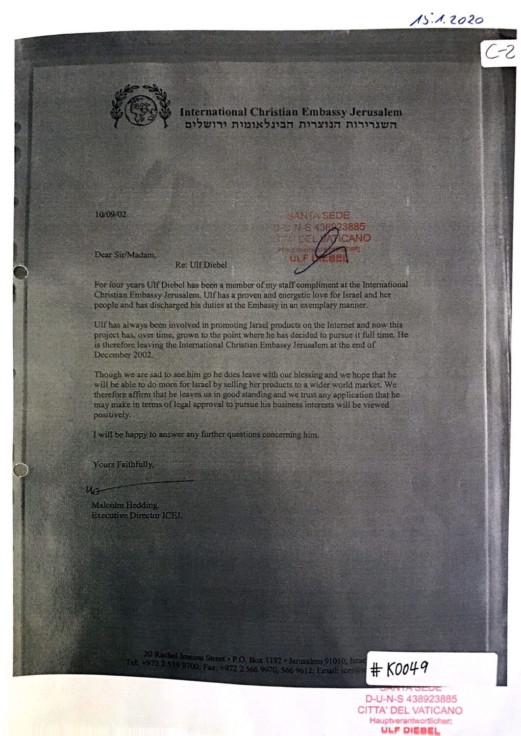 #K0049 l References from the International Christian Embassy Jerusalem, written by Malcom Hedding, Executive Director ICEJ