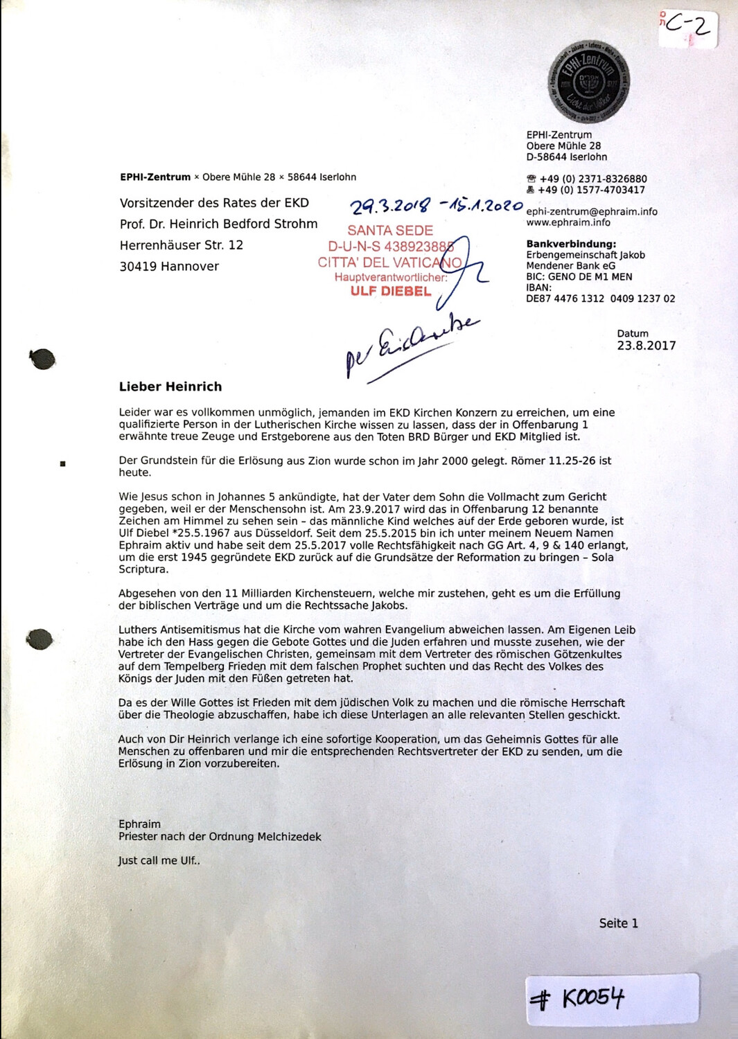 #K0054 l Brief an den Vorsitzenden des Rates der EKD - Professor Dr. Heinrich Bedford Strohm