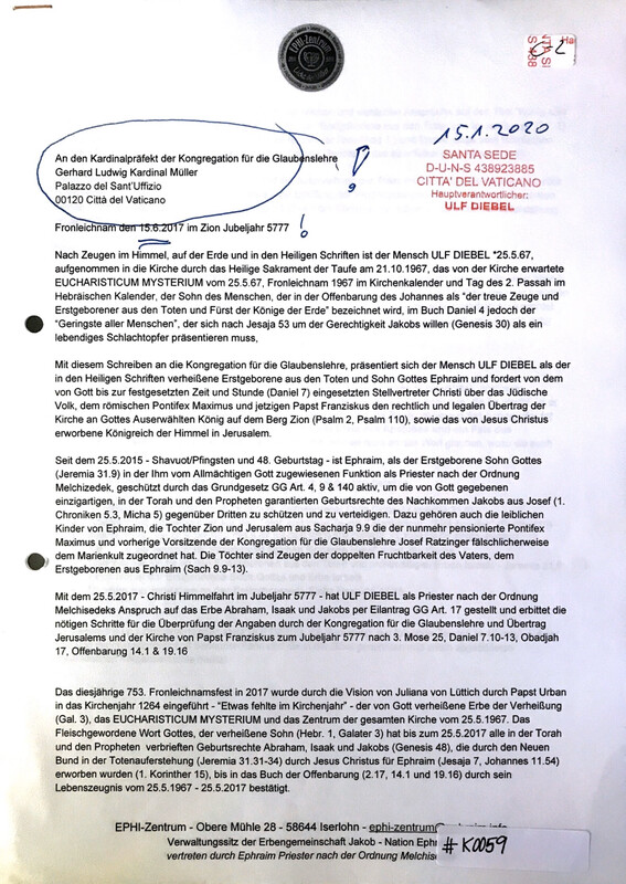 #K0059 l Fronleichnam, den 15.6.2017 Im Zion Jubeljahr 5777 l Brief an den Kardinalpräfekt der Kongregation für die Glaubenslehre - Gerhard Ludwig Kardinal Müller