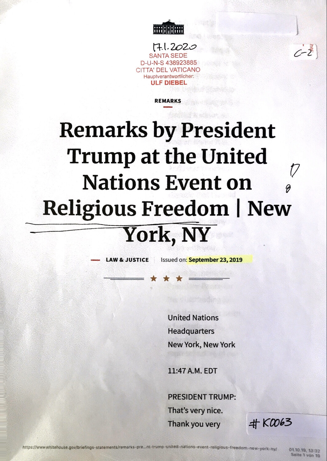 #K0063 l Remarks by President Trump at the United Nations Event on Religious Freedom l New York,NY - The White House