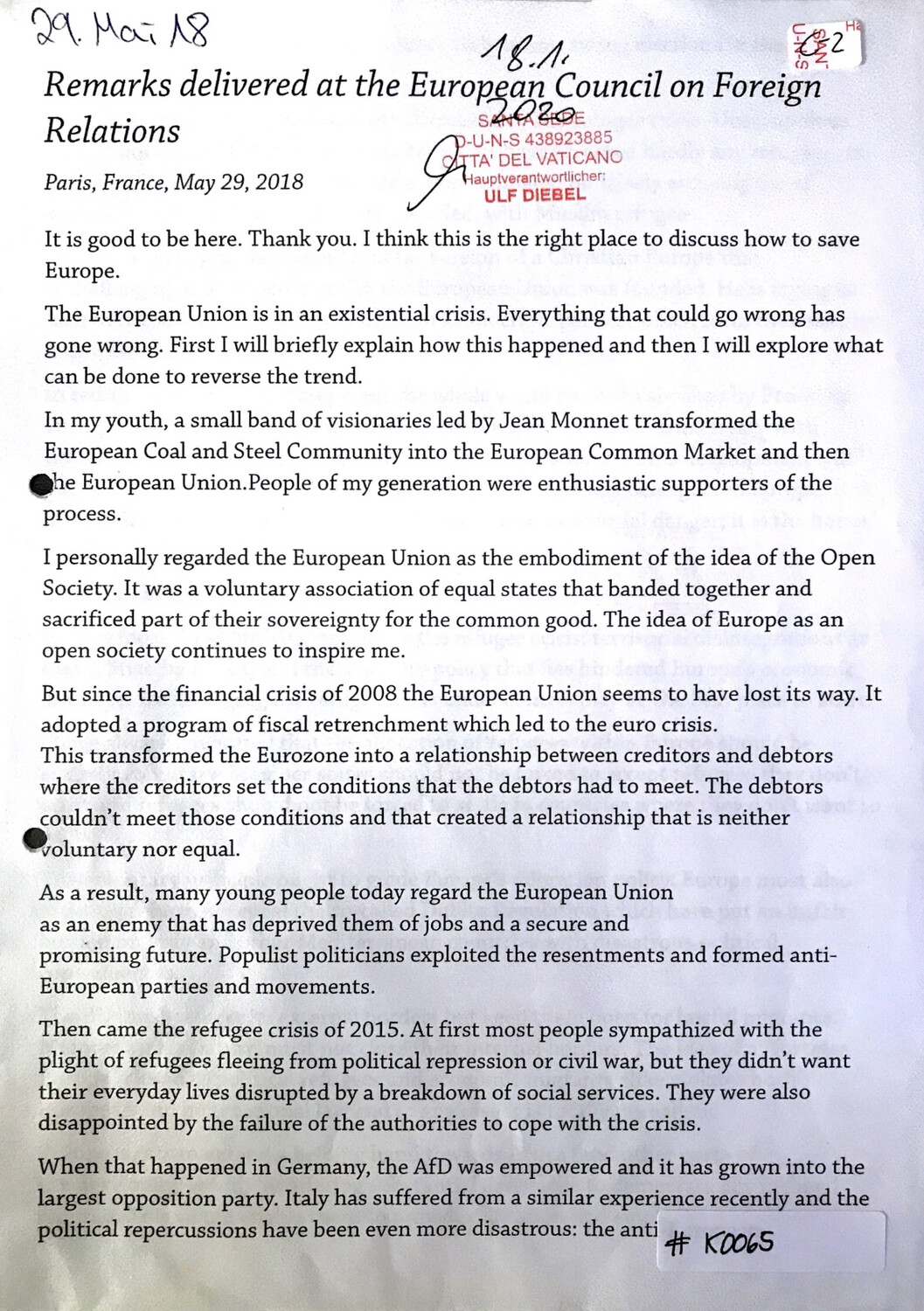 #K0065 l Remarks delivered at the European Council on Foreign Relations