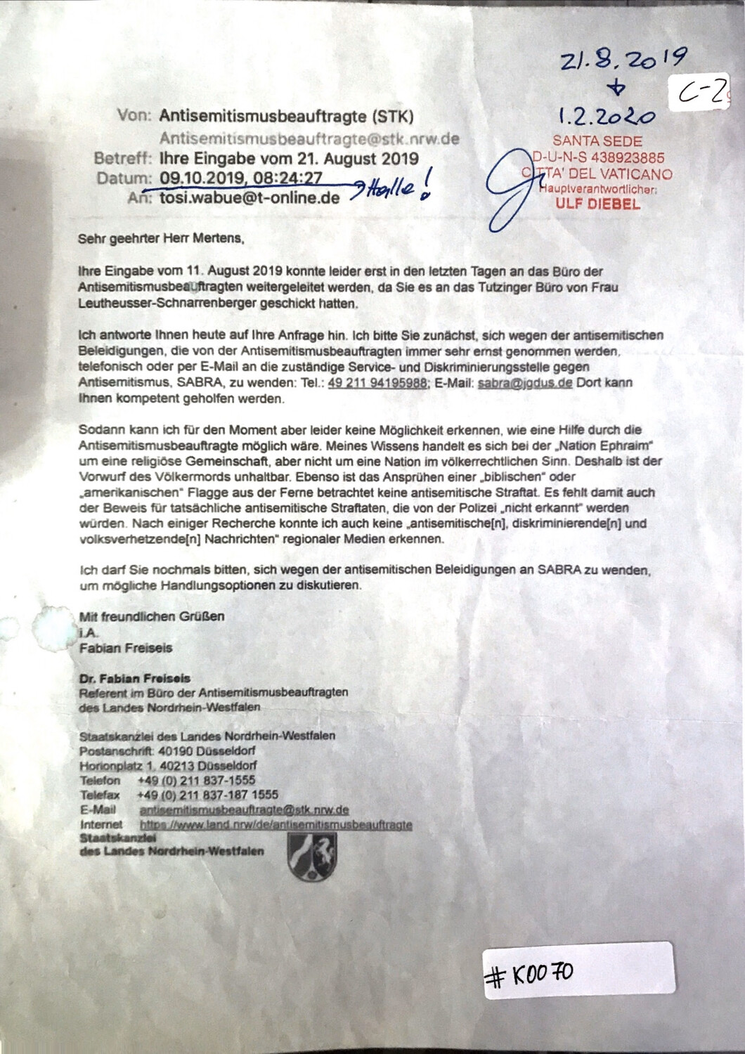#K0070 l Antwort des Antisemitismusbeauftragten Dr. Fabian Freiseis - Nordrhein-Westfalen