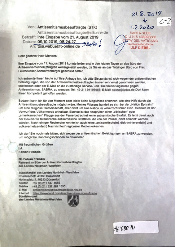 #K0070 l Antwort des Antisemitismusbeauftragten Dr. Fabian Freiseis - Nordrhein-Westfalen