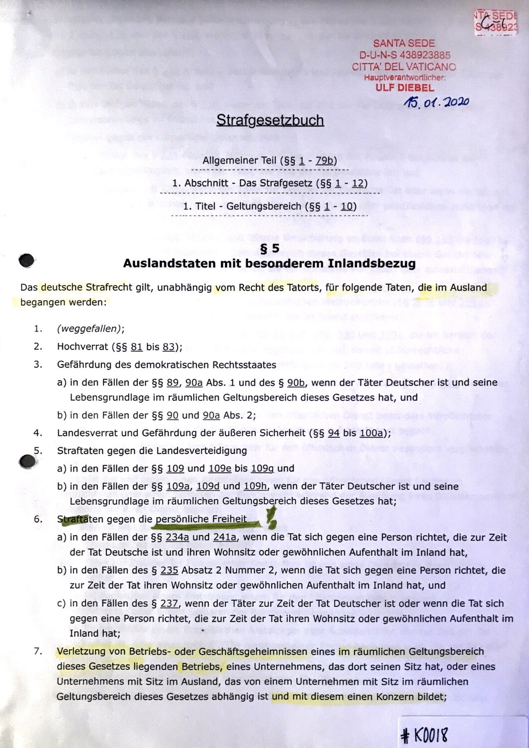 #K0018 l Strafgesetzbuch l §5 - Auslandstaten mit besonderem Inlandsbezug 