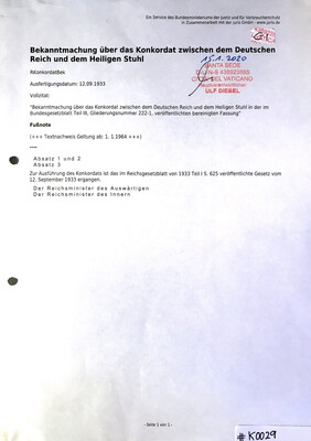 #K0029 l Bekanntmachung über das Konkordat zwischen dem Deutschen Reich und dem Heiligen Stuhl 