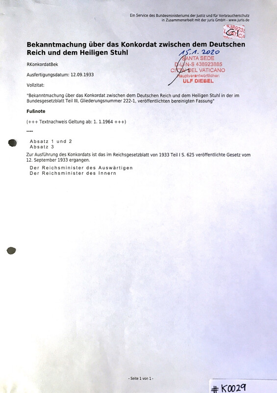 #K0029 l Bekanntmachung über das Konkordat zwischen dem Deutschen Reich und dem Heiligen Stuhl 
